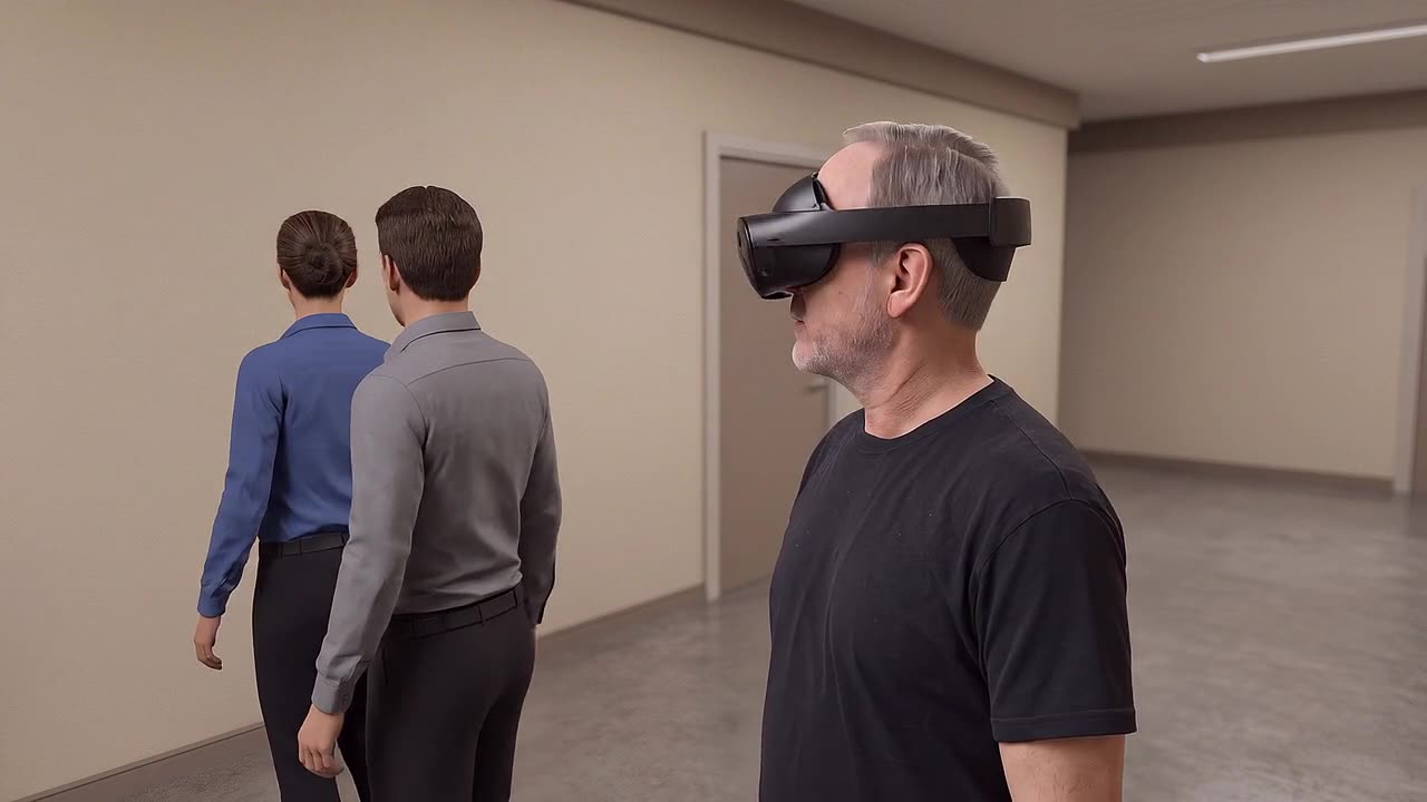 A man wearing a headset stands in a workplace corridor while two simulated colleagues walk away from him without turning round.