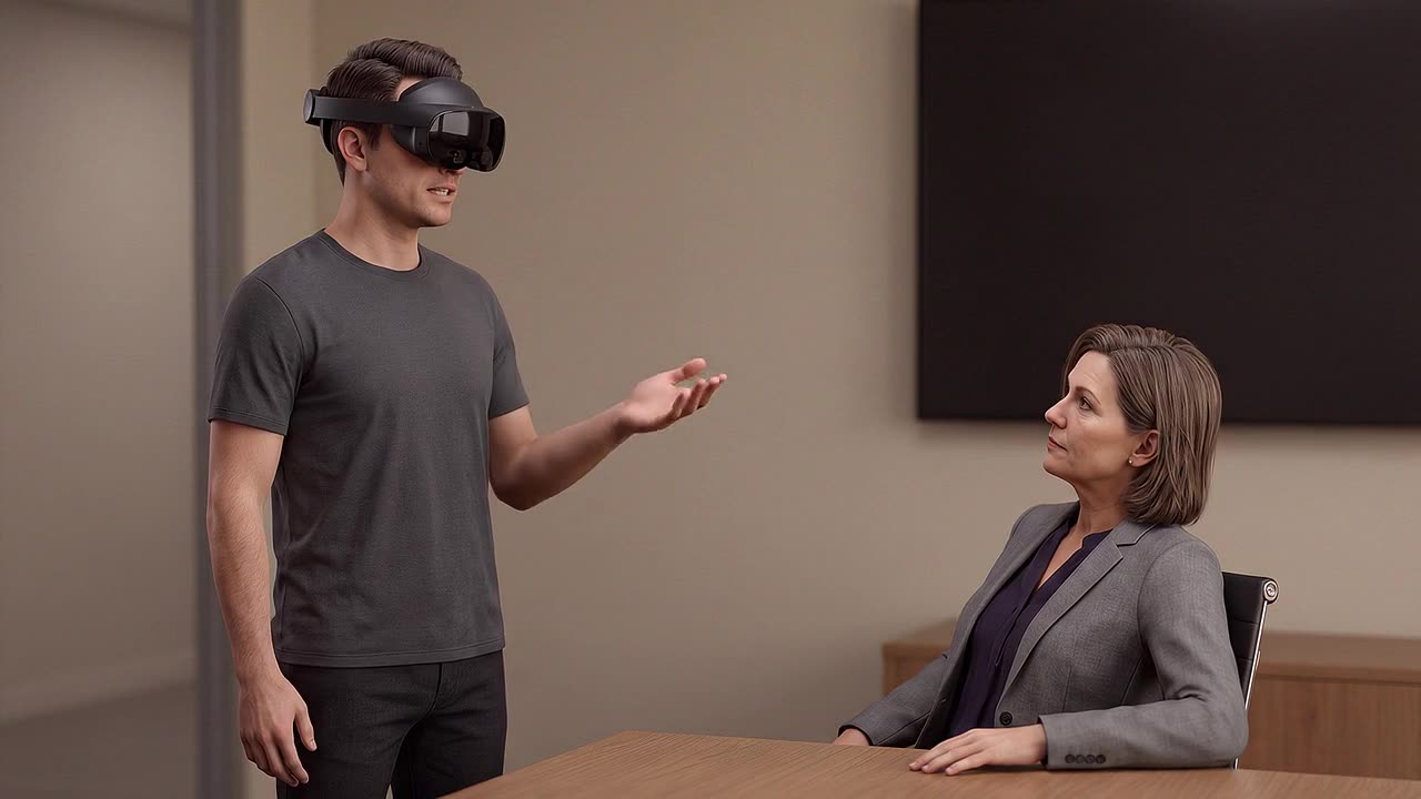 An employee wearing a headset stands facing a simulated senior stakeholder seated at a boardroom table, leaning back.