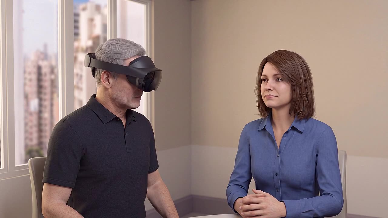 A manager wearing a headset sits opposite a simulated employee who is speaking carefully, hands together, rehearsing a sensitive workplace concern in a private meeting room.