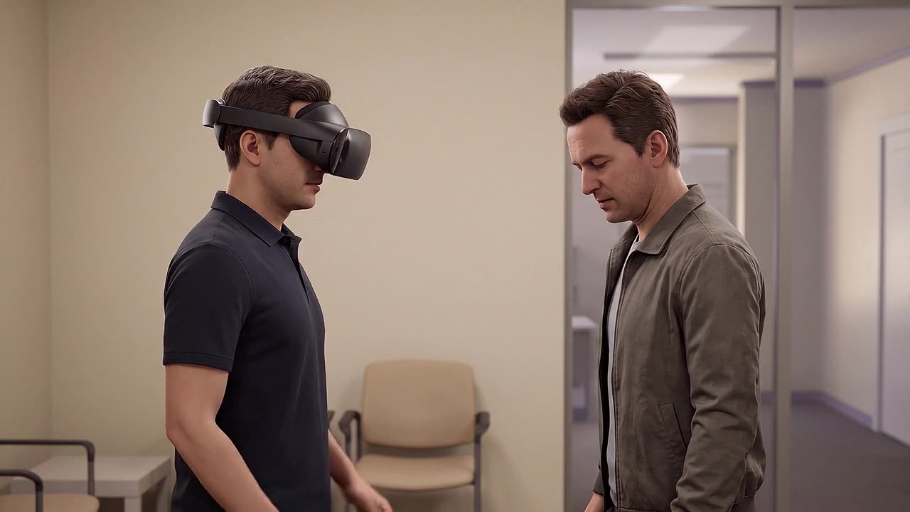 A frontline staff member wearing a headset stands with both hands open at waist height, facing a simulated agitated adult.