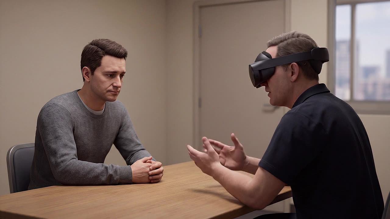 An officer wearing a headset sits opposite a simulated adult speaking quietly with eyes down, in a plain interview room, practising a sensitive disclosure conversation.