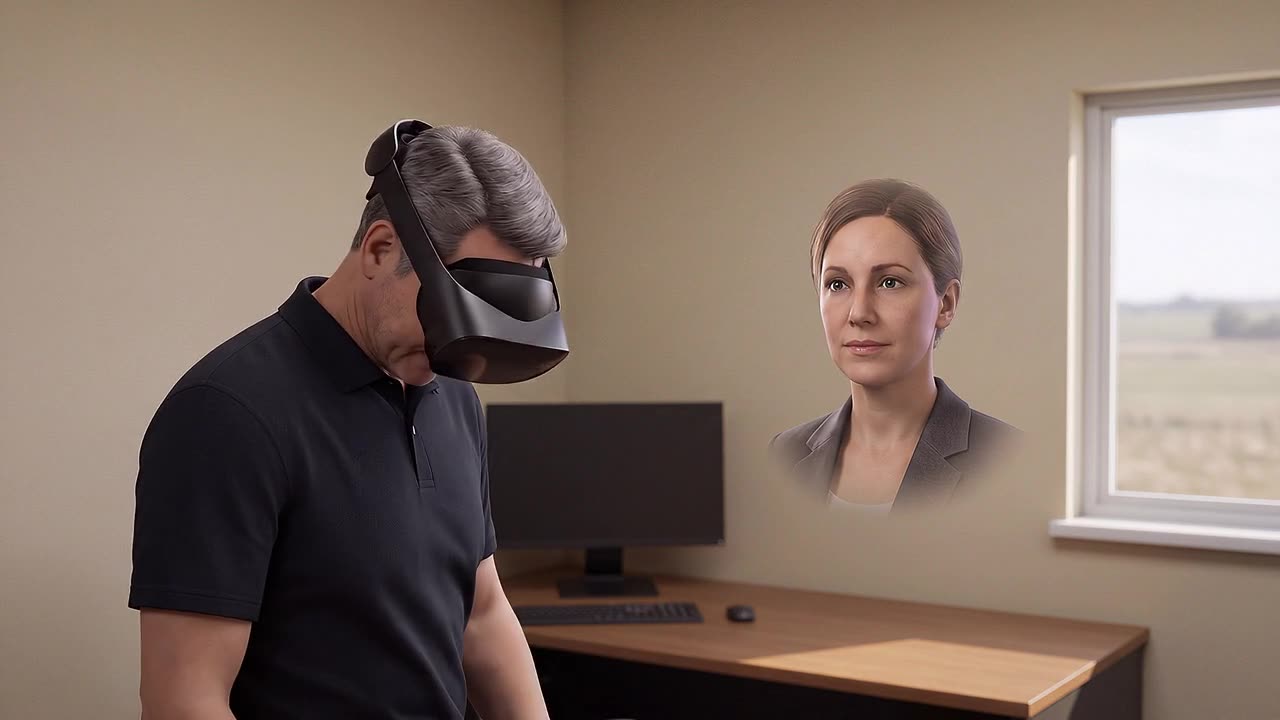 A staff member wearing a headset sits in a small regional office facing a floating head-and-shoulders presence of a subject-matter expert digital twin, bringing specialist knowledge to a remote team.