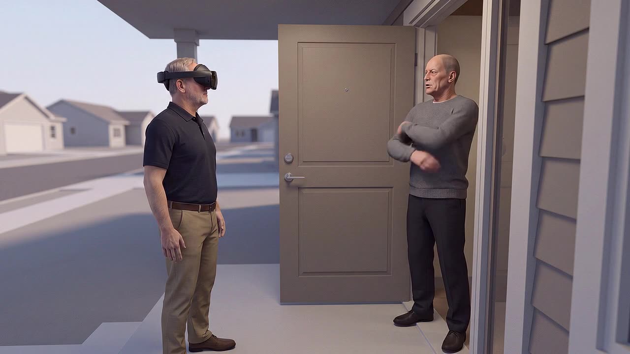 A case worker wearing a headset stands on a suburban doorstep, facing a simulated resident in the doorway with arms folded, practising a difficult home visit.