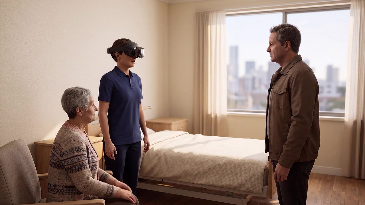 A care worker in a headset stands beside a bed in a simulated aged care room, a resident seated in an armchair on one side and a family member standing on the other.