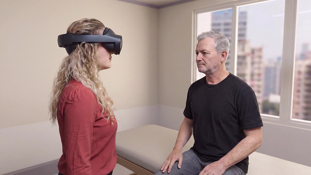 An allied-health trainee wearing a headset stands at eye level with a simulated client seated on a treatment bed, practising coming to eye level before it matters.