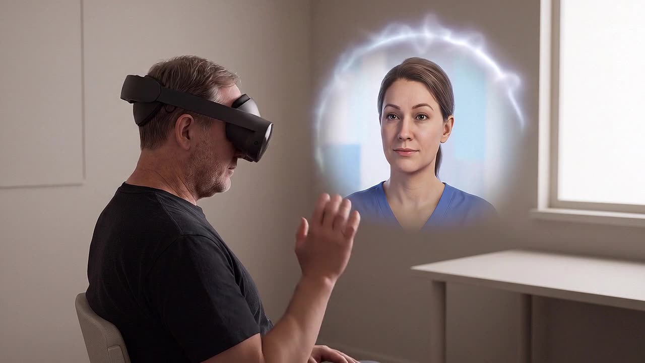 An adult sits facing a floating head-and-shoulders presence of a clinician digital twin, framed in soft pale light, rehearsing a healthcare conversation.