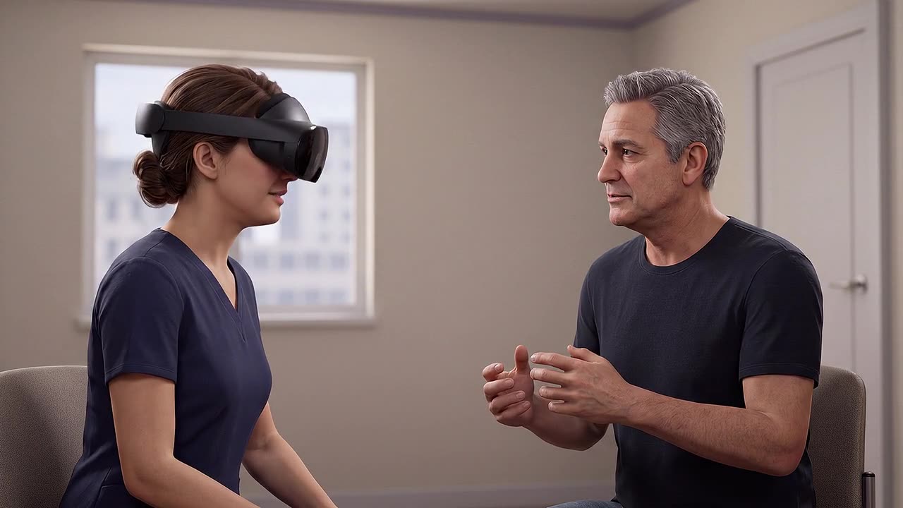 A clinician wearing a headset sits knee to knee with a simulated client who is talking and gesturing, in a plain consulting room.