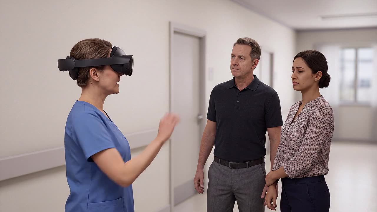 A nurse leader wearing a headset stands in a ward corridor facing two simulated colleagues, one of whom has looked away.