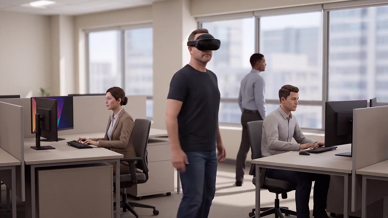 An adult wearing a headset stands in the middle of an open-plan office, looking around, rehearsing a return-to-work moment while simulated colleagues work nearby.