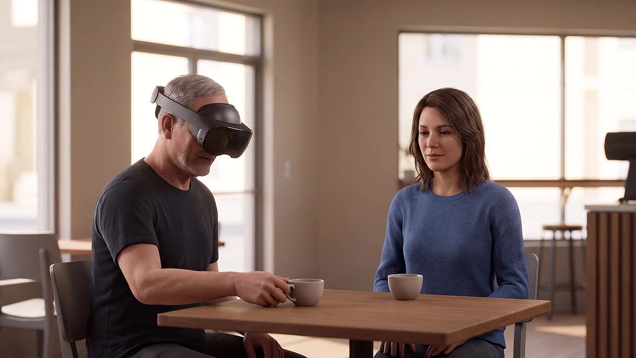 A man wearing a headset sits at a table with a mug, a woman across from him with her own, in a plain staff room.
