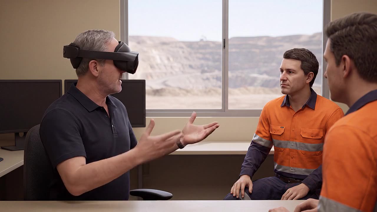 A supervisor wearing a headset sits half turned toward a simulated crew member in a high-visibility shirt, in a site office with a window onto the mine pit beyond.