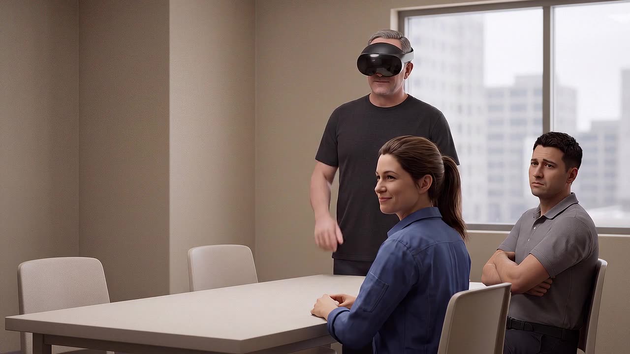 A crew member wearing a headset stands behind seated simulated colleagues, a woman smiling and a man looking away.