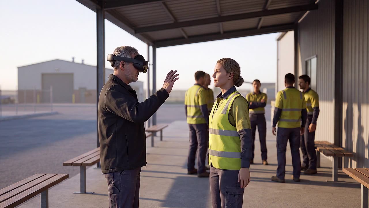 A supervisor wearing a headset faces a crew member under a depot awning, the rest of the crew in hi-vis gathered behind them.