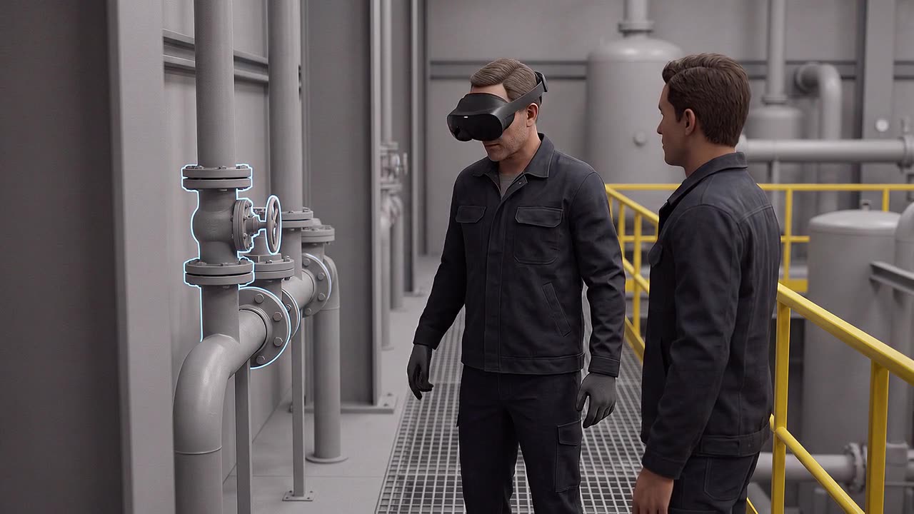 A crew member wearing a headset points at a piece of plant equipment picked out by a soft blue outline, on a walkway beside pipework.