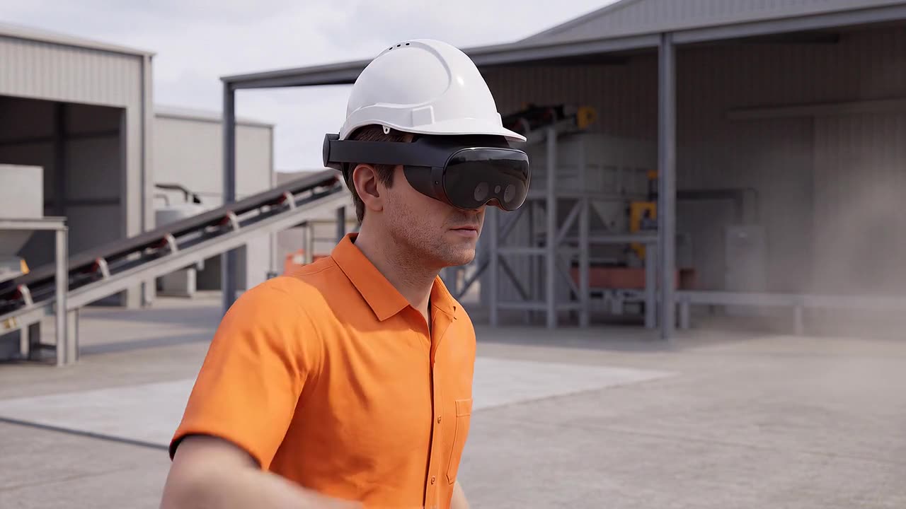 A crew member in a high-visibility shirt and hard hat, wearing a headset, turns quickly on a plant-area concrete pad and raises an arm to signal, practising an emergency response.