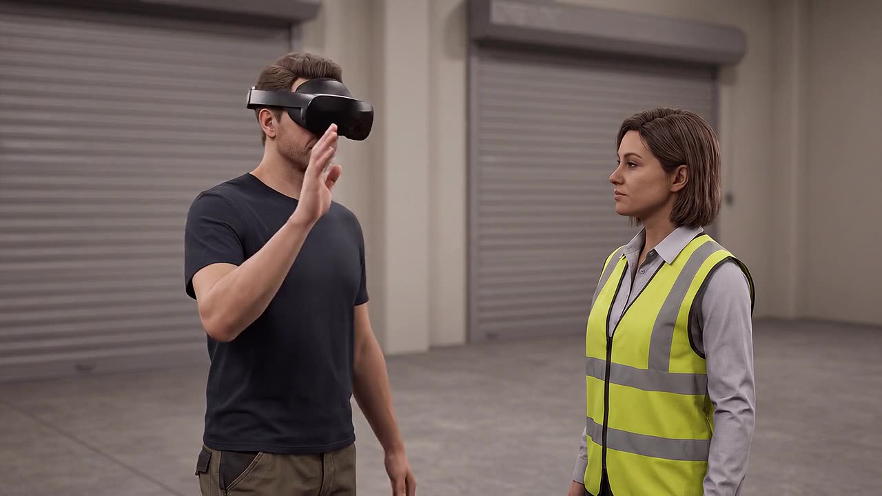 A driver wearing a headset stands in a transport depot facing a simulated supervisor in a high-visibility vest.