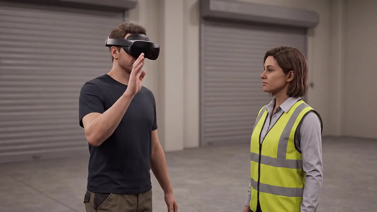 A driver wearing a headset stands in a transport depot facing a simulated supervisor in a plain high-visibility vest.