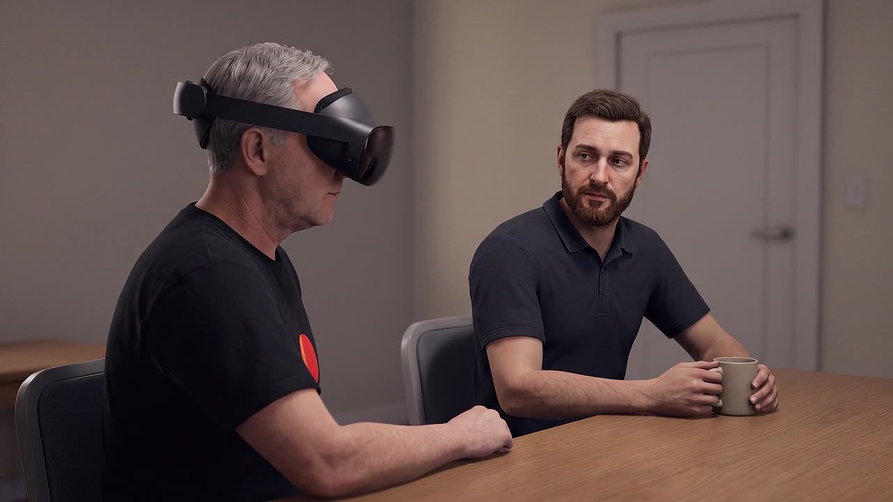 A supervisor wearing a headset sits beside a simulated driver in a depot crib room, the driver quiet and holding a mug, practising a return-to-work conversation.