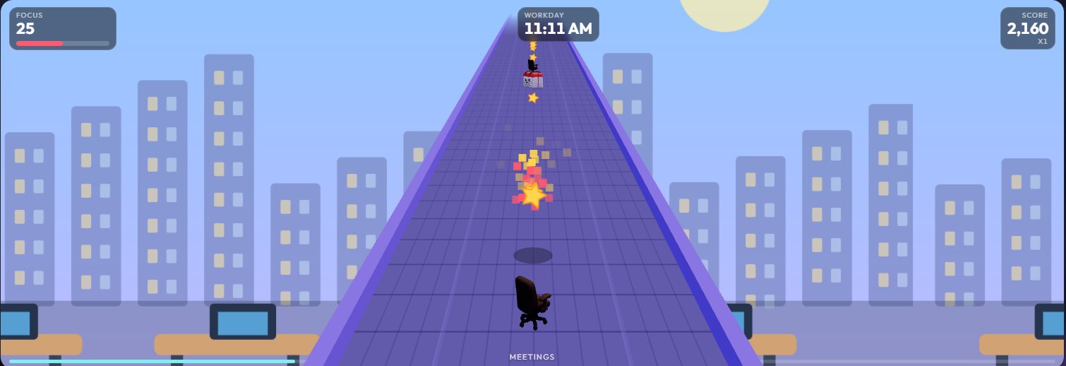 Scope Creep Sprint mid-run later in the workday: the chibi character on the lane with the score, focus meter and workday clock live