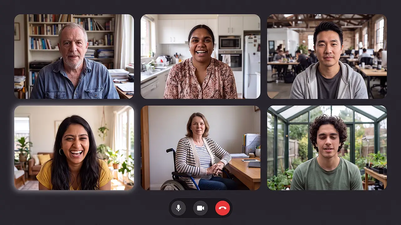 The CONNECT lane: a six-person video call grid bringing a distributed organisation together, among them a woman using a wheelchair and a man dialling in from a greenhouse
