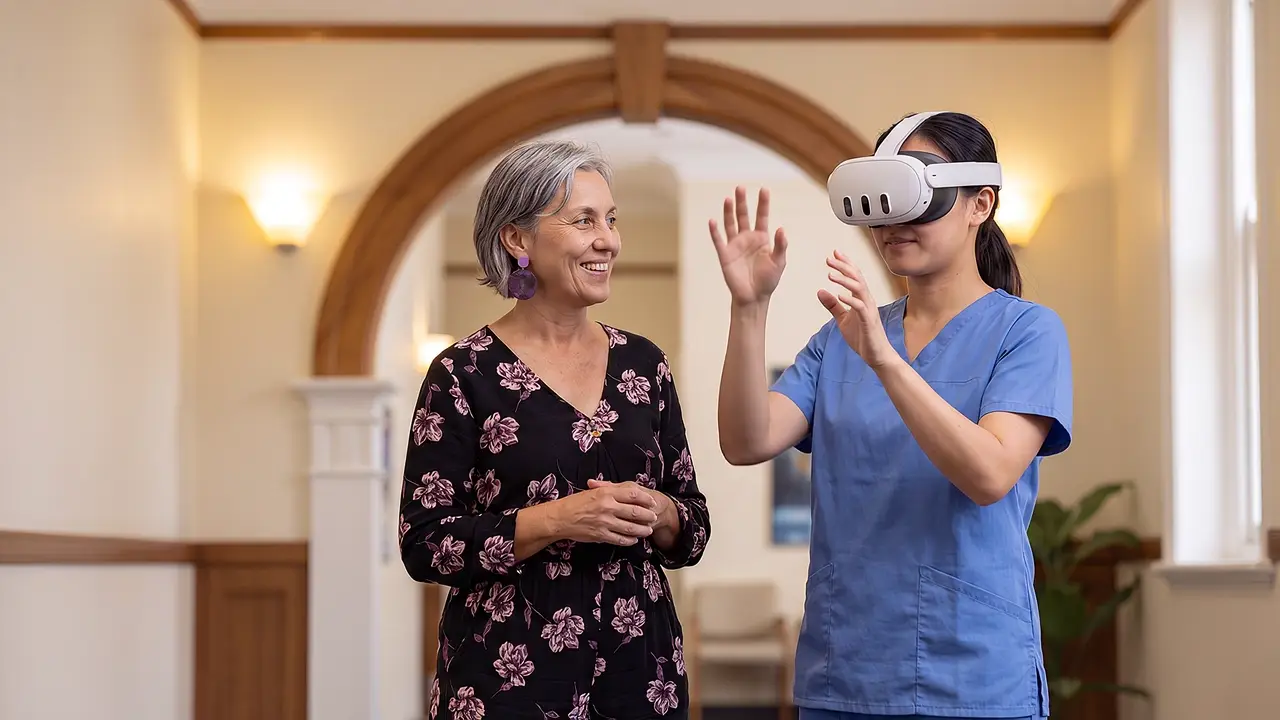 A nurse in blue scrubs wearing a headset raises her hands mid-sentence in a hospital corridor with arched doorways, an older woman in a floral dress smiling beside her.