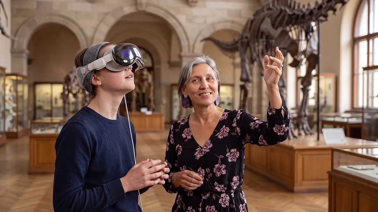 A participant wearing an Apple Vision Pro headset in a museum hall scenario.