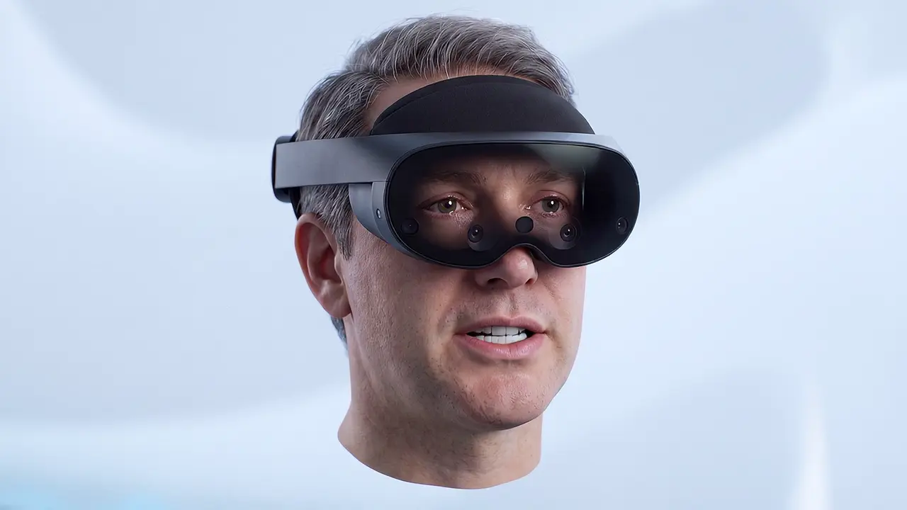 A head wearing a mixed-reality headset, isolated against a soft field: one way a custom AI build can appear inside a headset session.