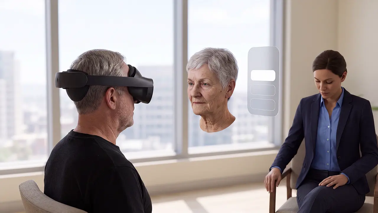 A seated consultation: an older person wears a headset beside a face while a human adviser sits in the room, keeping a person in the loop.