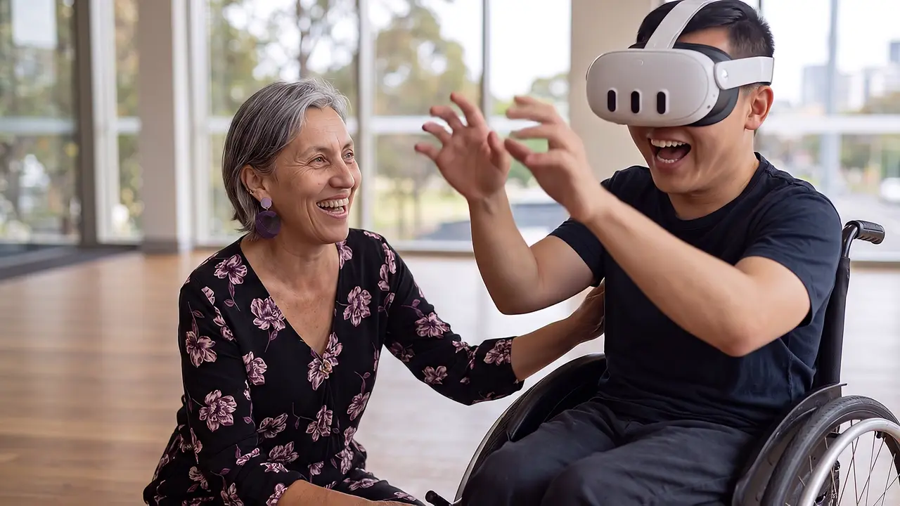 A co-founder sits beside a wheelchair user wearing a VR headset, laughing together at eye level as he reaches into the scene.
