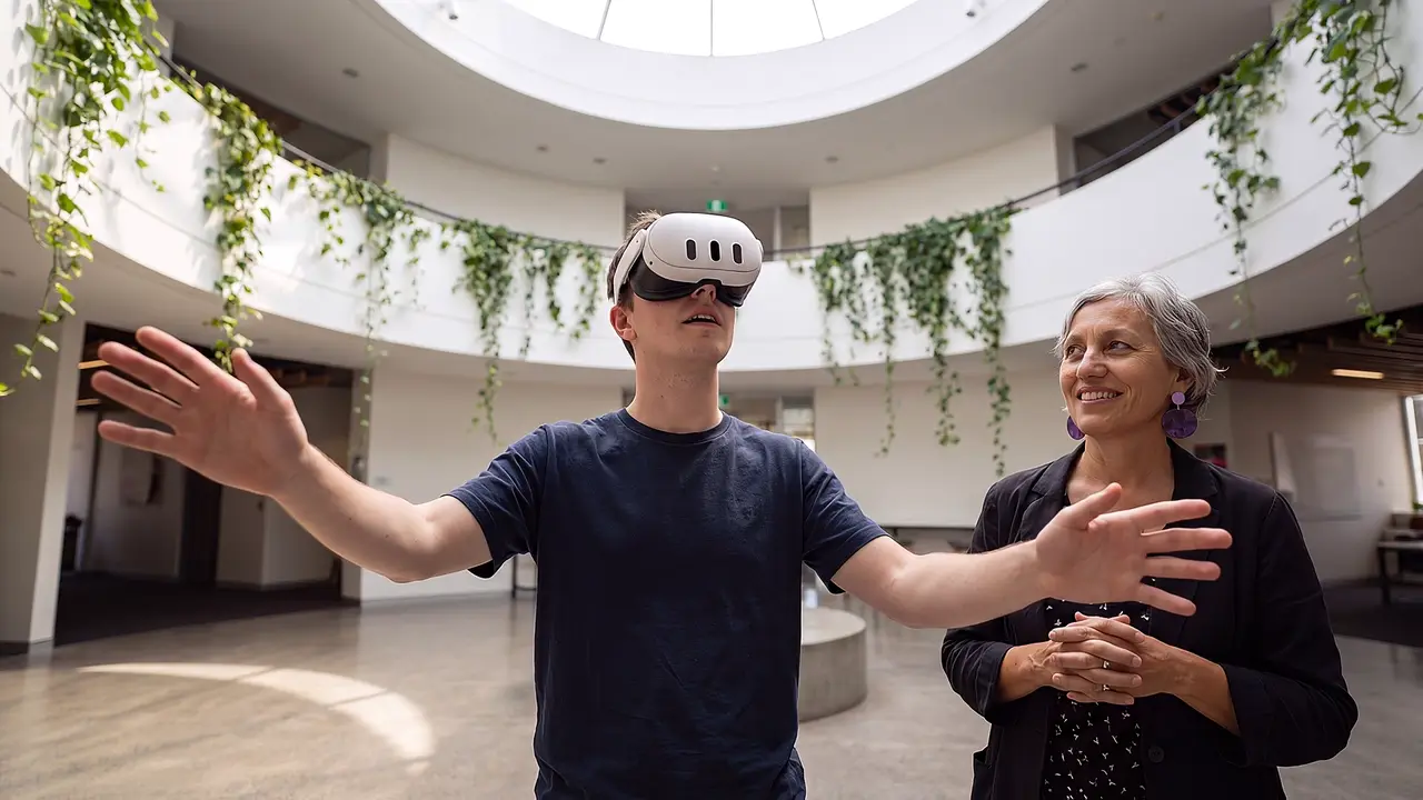 A co-founder stands smiling beside a participant wearing a VR headset, arms outstretched to explore the virtual space, in a plant-filled atrium beneath a round skylight