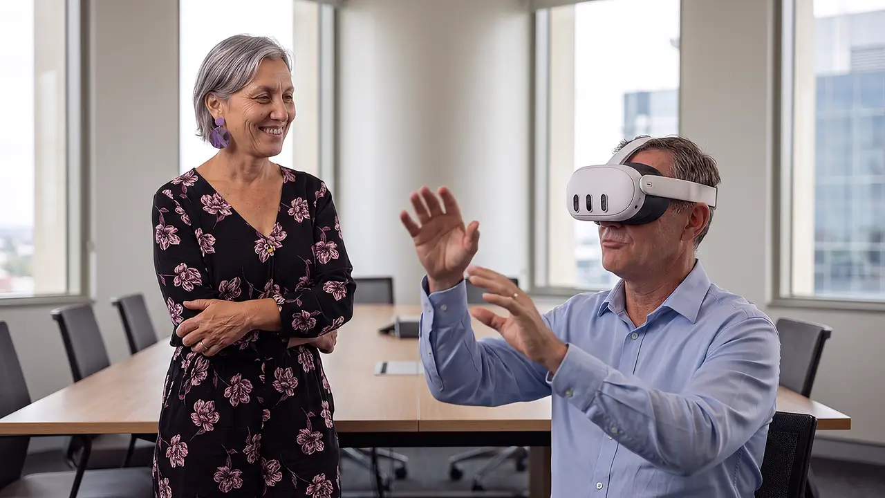 A co-founder makes a point at a boardroom table to a colleague wearing a VR headset, hands raised interacting with the scene.