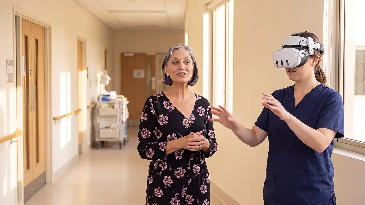 A PTR co-founder speaks mid-sentence in a hospital ward corridor, explaining immersive training as a nurse beside her tries on a VR headset.