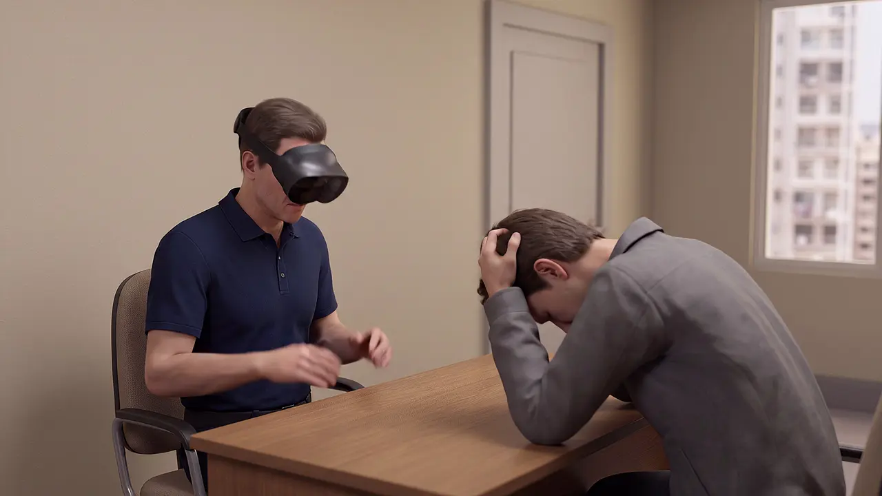 A caseworker wearing a headset sits at a desk across from a simulated distressed client holding his head.