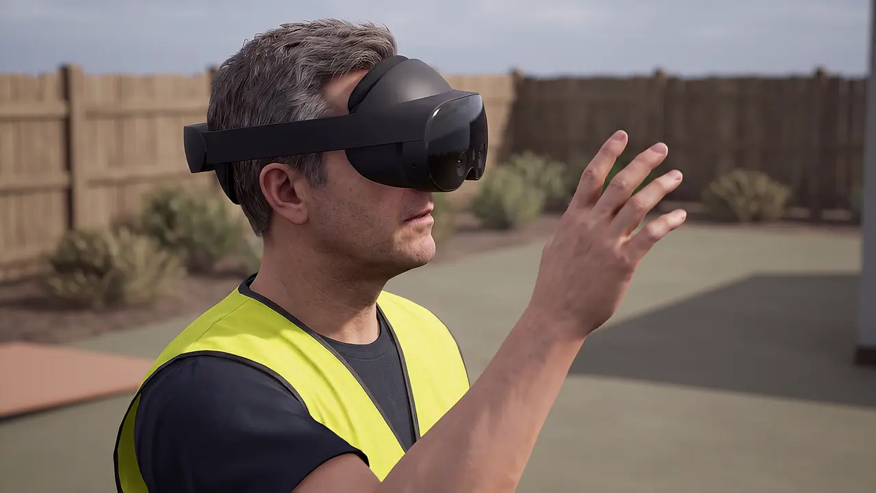 A field officer wearing a mixed-reality headset and hi-vis vest raises a hand toward an unfolding situation outdoors.