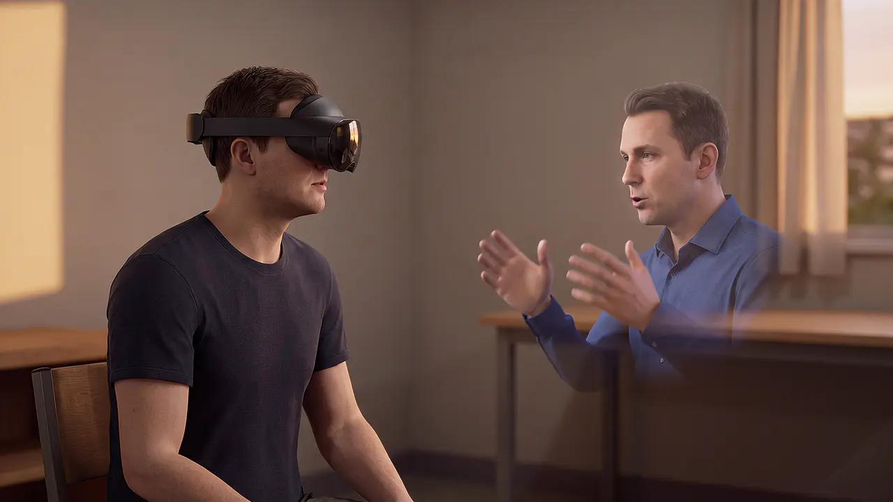A trainer figure guiding a worker through a site procedure: a translucent AI trainer twin gestures while explaining, the worker listening in the headset.