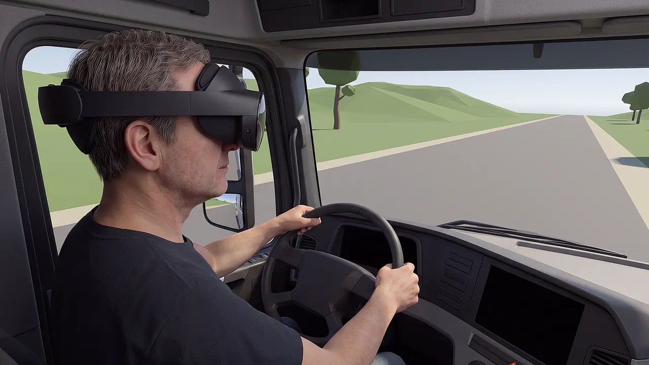 A driver's point of view inside a truck cab, hands on the wheel, on a rural highway.