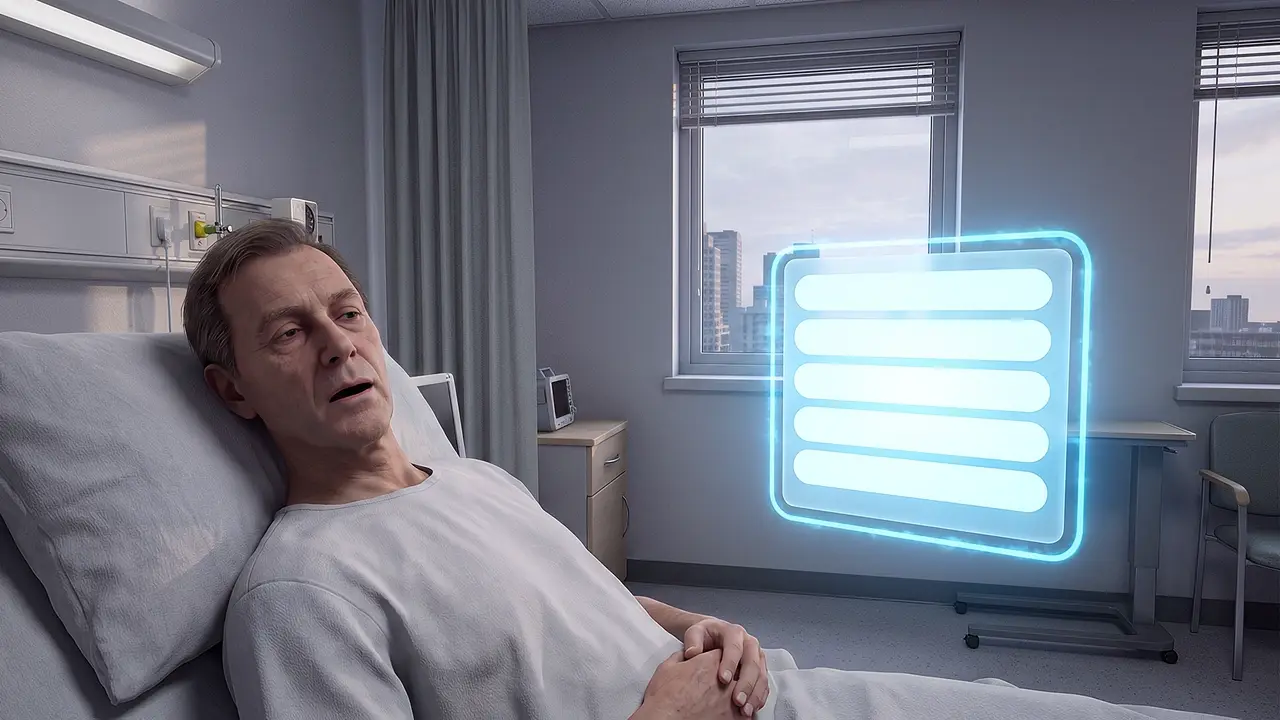 Education. A ward round, seen from inside the simulation: a patient reclines in bed beside a floating prompt panel, city towers visible through the window.