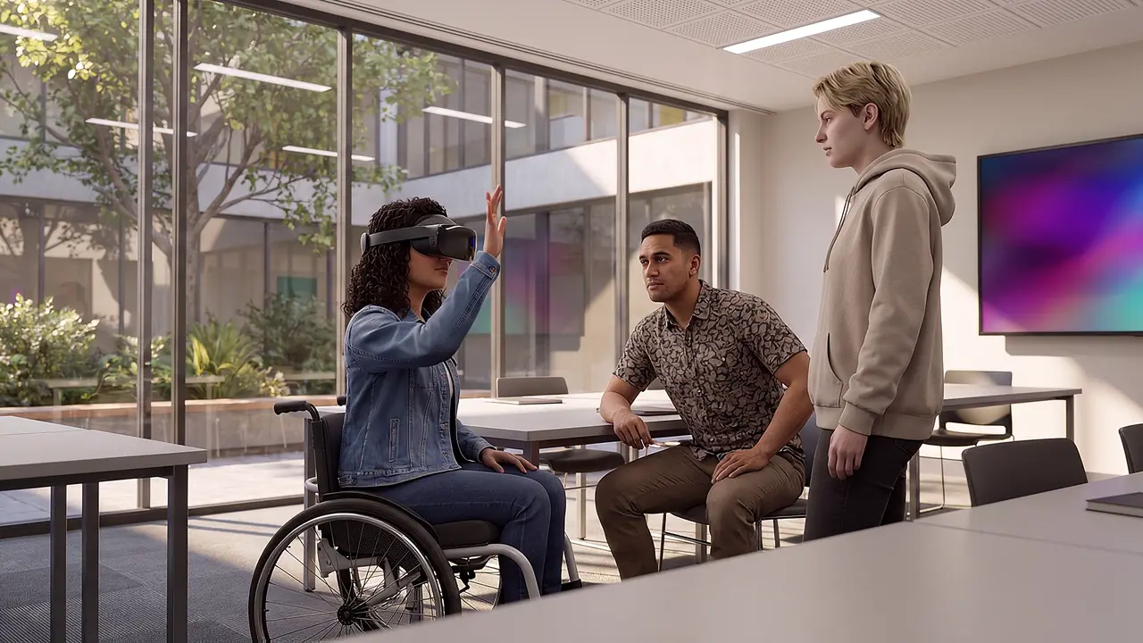 A simulated university tutorial room, soft afternoon light through glass onto a courtyard. Three students, one in a wheelchair wearing the headset, turn toward each other mid-discussion.