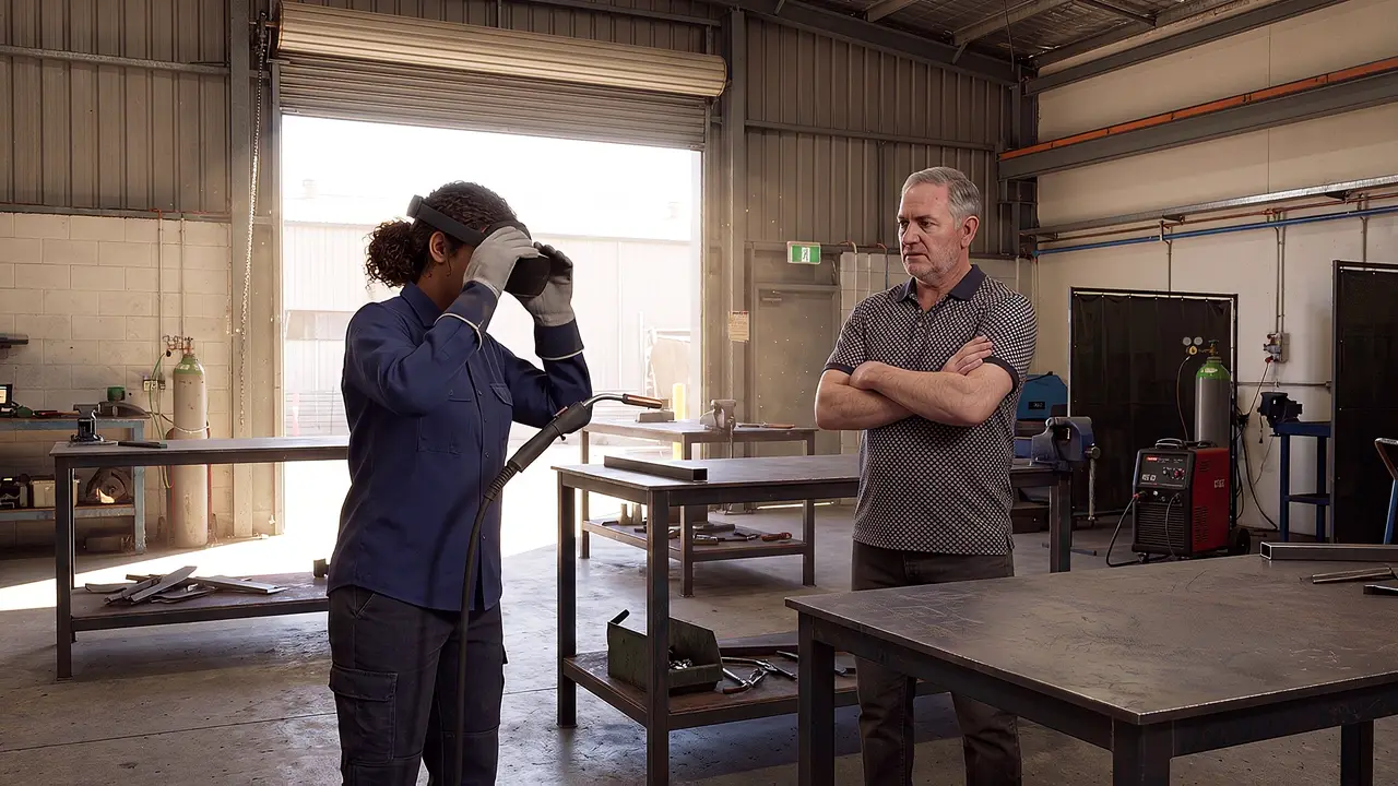 In a simulated welding workshop, a trainee in overalls and gloves settles a headset with a torch in hand, a supervisor standing across the bench with folded arms.