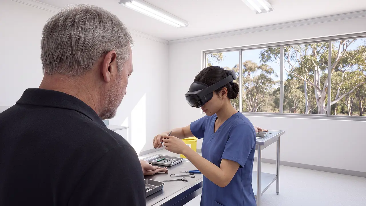Education. A veterinary consult, rehearsed in the headset: a student handles instruments at the table while an experienced vet observes, gum trees outside the window.