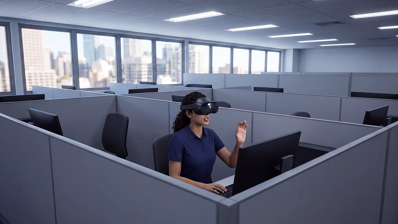 Enterprise and workplace. A contact centre floor: a worker wearing a headset gestures at her desk among rows of cubicles, the city skyline beyond.