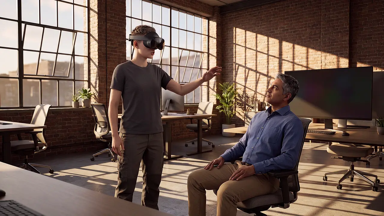 Enterprise and workplace. An open-plan workplace: a headset-wearing employee gestures mid-conversation with a seated colleague in a sunlit industrial loft office.