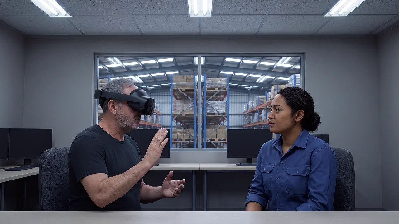 A headset-wearing supervisor gives feedback to a colleague on a warehouse floor.