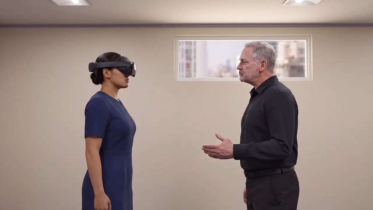A simulated briefing room with a bare wall and a high window. A woman in uniform-style dress wears the headset, standing at attention-ease as an older officer faces her, speaking.