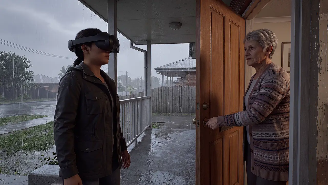 A worker in a headset stands on a rain-soaked verandah as an older woman opens her front door.