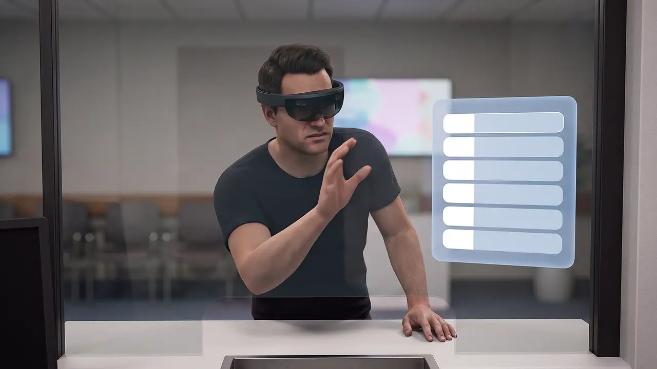 Inside the simulation, a frustrated man leans across a public service counter talking fast, seen from the officer's own position, a translucent panel of choice buttons floating within reach.