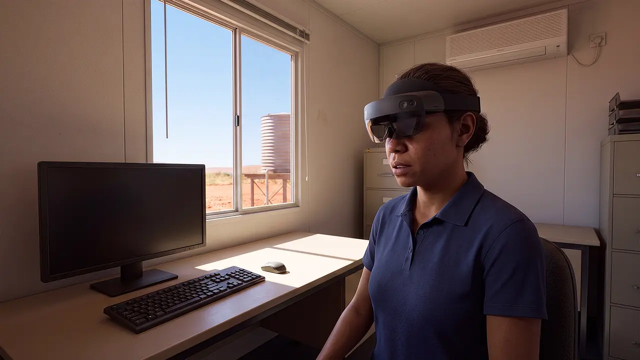 A woman in a navy polo shirt wears a visor at a desk in a small remote office, a monitor and keyboard in front of her and red earth and a water tank through the window.