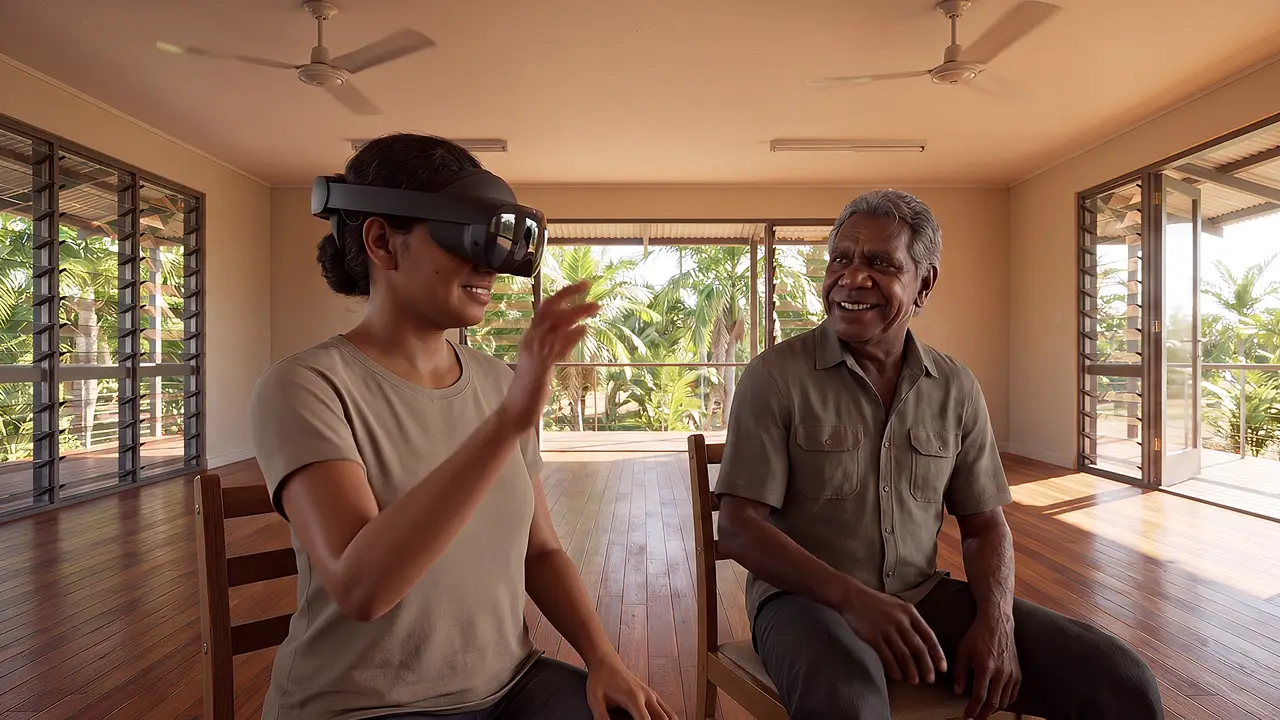 A clinician in a headset talks with an older man in a bright community health room.