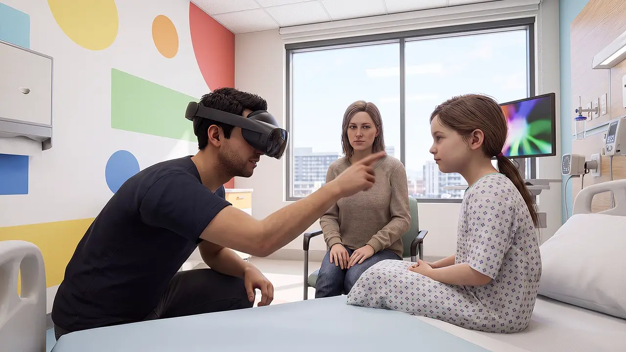 A simulated bright paediatric treatment room, coloured shapes on the wall. An allied-health clinician in the headset crouches to a seven year old girl's height, her mother beside her.