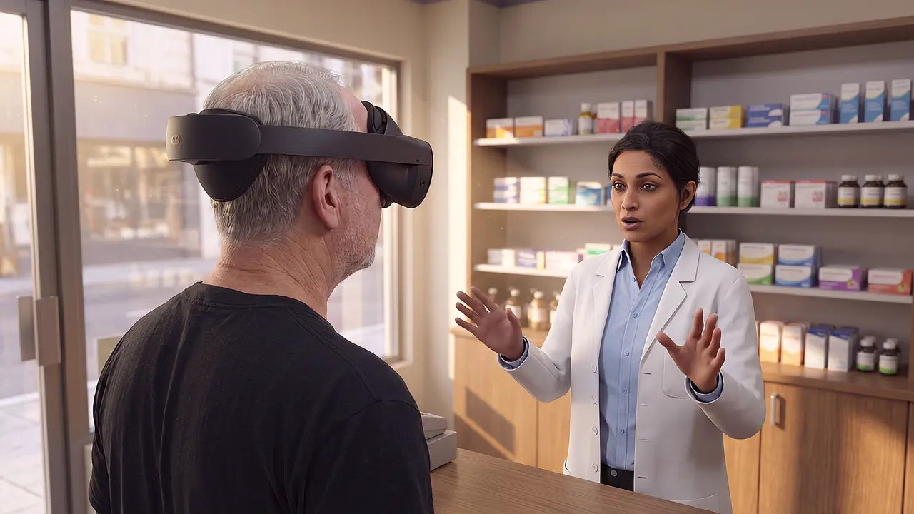 Seen over the shoulder of a grey-haired man wearing a headset, a pharmacist in a white coat raises both hands as she explains something across the counter, shelves of medicines behind her.